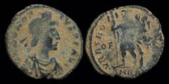 Roman Imperial Honorius (393-423), AE4, issued 404-408. Rome, third officina, 1.74g, 15-17mm. Obv: DN HONOR–IVS PF AVG; pearl-diademed, draped, cuirassed bust right. Rev: VRBS ROMA FELIX; Roma standin