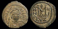 Byzantine & Crusader Heraclius (610-641) AE follis, dated RY 3 (612/13). Cyzicus, 11.55g, 30mm. Obv: DN ҺRACLI PЄRP AVG; helmeted, diademed, and cuirassed facing bust, holding cross and shield decorat