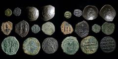 Pick-bin: Roman & Byzantine Byzantine group (11 coins): includes Justinian pentanummium, Justin II follis and pentanummium, Heraclius follis, Arab-Byzantine fals, Leo VI follis, Anon follis Class A2 (
