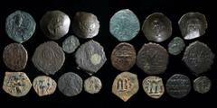 Pick-bin: Roman & Byzantine Byzantine group (11 coins): includes 2 Maurice folles (Antioch & Constantinople), Constans II follis, Arab-Byzantine fals, Leo VI follis, anon follis, Constantine X follis,