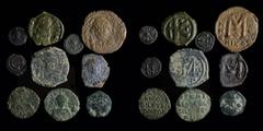 Pick-bin: Roman & Byzantine Byzantine group (10 coins): includes Justin I half follis and pentanummium, Justinian follis and pentanummium, Justin II pentanummium, Maurice follis, Constans II follis, L