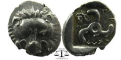Greek Dynasts of Lycia. Perikles (c. 380-360 BC). AR 1/3 Stater Obv. Facing lion's scalp Rev. 'Perikles' in Lycian; triskeles; to left, laureate and draped facing bust of Apollo. SNG Copenhagen -. SNG