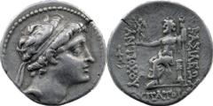 Greek SELEUKID KINGS of SYRIA. Antiochos V. 164-162 BC. AR Drachm Antioch mint. Obv: Diademed head right. Rev: Zeus seated left, holding Nike and sceptre; monogram to outer left. SNG Spaer -; SMA -; C