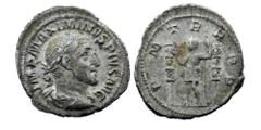 Roman Imperial Maximinus I Thrax AD 235-238. Rome. Denarius AR Laureate, draped and cuirassed bust right Rev: Maximinus standing left between two signa, raising hand and holding scepter. RIC IV 1 var.