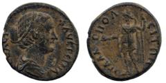 Roman Provincial LYCIA. Palaeopolis. Faustina II (147-175). Ae. Obv: ΦAVCTЄINA CЄBACT. Draped bust right. Rev: ΠAΛAIOΠOΛEITΩN. Mên standing left, wearing Phrygian cap and crescent on shoulders; holdin