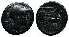 Greek Coins Kings of Macedon. Demetrios I Poliorketes, c.306-283 BC. AE (15mm-2.83g), uncertain mint, after 290. Head of Demetrios to right, wearing crested Corinthian helmet. / BA. Prow to right; bip