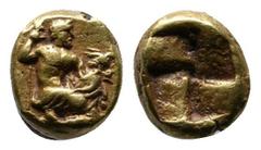 Greek Coins Mysia, Kyzikos. c.475-410 BC. EL 1/48 Stater (6mm-0,68g). Zeus kneeling right, holding sceptre in right hand, eagle in extended left hand / Quadripartite inches square. Von Fritze-, cf. 14