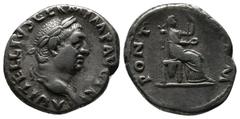 Roman Imperial Coins Vitellius, AD 69. AR Denarius (18mm-3.37g). Rome. Struck c.late April-20 December. A VITELLIVS GERM IMP AVG TR P Laureate head of Vitellius to right. / PONT MAXIM Vesta seated to 