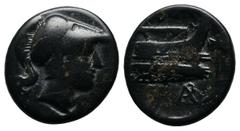 Greek Coins Kings of Macedon. Demetrios I Poliorketes, c.306-283 BC. AE (15mm-2.83g), uncertain mint, after 290. Head of Demetrios to right, wearing crested Corinthian helmet. / BA. Prow to right; bip