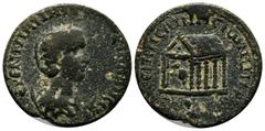 Roman Provincial Coins Mesopotamia, Rhasaena. Herennia Etruscilla. Augusta, AD 249-251. AE (26mm, 9.89g). Draped bust right / Eagle standing left within temple seen in perspective; below, river god sw
