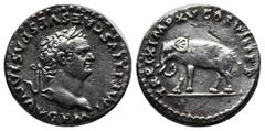 Roman Imperial Coins Titus, AD(79-81). AR Denarius (17mm, 3.05g). Rome. IMP TITVS CAES VESPASIAN AVG P M. Laureate head right. / TR P IX IMP XV COS VIII P P. Elephant advancing left. RIC 115.