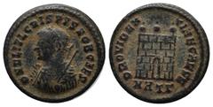 Roman Imperial Coins Crispus (Caesar, 316-326). AE Follis (18mm, 2.74g). Heraclea. D N FL IVL CRISPVS NOB CAES. Laureate and draped bust left, holding mappa and globe, sceptre over shoulder. / PROVIDE