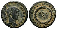 Roman Imperial Coins Crispus. Caesar, AD. 317-326. AE 3 (18mm, 3.14g). Arles mint, struck AD. 321. CRISPVS NOB CAES.Llaureate head right. / CAESARVM NOSTRORVM. Around VOT V within wreath; TA in exergu