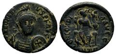 Roman Imperial Coins Honorius. AD.393-423. AE (17mm, 2.28g). Antioch mint, A.D. 406-408. D N HONORIVS P F AVG, helmeted head 3/4 facing, holding spear over shoulder and shield decorated with a cross /