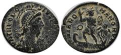 Roman Imperial Coins Theodosius I (379-395 AD). AE (21mm, 4.14g). D N THEODOSIVS P F AVG. Pearl-diademed, helmeted, draped and cuirassed bust right, holding spear and shield. / GLORIA ROMANORVM. Theod