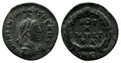 Roman Imperial Coins Valentinian II (375-392 AD.) AE (13mm-0,80g). Cyzicus. Pearl-diademed, draped and cuirassed bust right. / VOT X MVLT XX within wreath; SMKB.