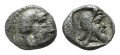 Greek Coins Dynasts of Lycia. Kherei. ca.440-410 BC. AR Tetartemorion (5mm, 0.25g). Helmeted head of Athena right / Bearded head of Kherei right, wearing Persian headdress (kyrbasia) in incuse circle.