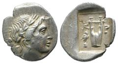 Greek Coins Lycia, Kragos. ca.30 BC. AR Hemidrachm (15mm, 1.77g). Λ-Υ; laureate head of Apollo right / K-P; kithara, in left field eagle or raven on omphalos; all within incuse square. Troxell, Taf. 1
