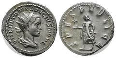 Roman Imperial Coins Herennius Etruscus, AD.251-251. AR Denarius (23mm, 3.95g). Rome. Q HER ETR MES DECIVS NOB C, Radiate and draped bust right / SPES PVBLICA Spes advancing left, holding flower in ri