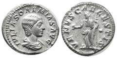 Roman Imperial Coins Julia Soaemias, AD.218-222. AR Denarius (19mm, 3.14g). Rome. IVLIA SOAEMIAS AVG, draped bust right / VENVS CAELESTIS, Venus Caelestis standing facing, head left, holding apple and