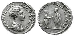 Roman Imperial Coins Plautilla, AD.202-205. AR Denarius (17mm, 3.23g). Rome. PLAVTILLAE AVGVSTAE, draped bust right / CONCORDIAE AETERNAE, Plautilla and Caracalla standing facing, clasping hands. RIC 