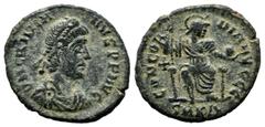 Roman Imperial Coins Gratian, AD.378-383. Æ Nummus (18mm, 2.30g). Cyzicus mint, 4th officina. D N GRATIA-NVS P F AVG. Pearl diademed, draped, cuirassed bust right. / CONCOR-DIA AVGGG. Constantinopolis