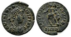 Roman Imperial Coins Theodosius I. AD.379-395. Æ (13mm, 1.12g). Heraclea mint. Struck 388-392 AD. D N THEODO-SIVS P F AVG, pearl-diademed, draped and cuirassed bust right / SALVS REI-PVBLICAE, Victory