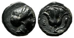 Greek Coins Caria. Rhodes. Circa 338-304 BC. AE (10mm, 1.40g). Head of nymph Rhodos right / P - O / Σ. Rose with bud right. BMC 108 ff. var. (letter).