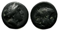 Greek Coins Caria. Rhodes. Circa 338-304 BC. AE (10mm, 1.48g). Head of nymph Rhodos right / P - O / Σ. Rose with bud right. BMC 108 ff. var. (letter).