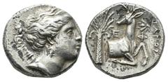 Greek Coins Ionia, Ephesos. Ca 280-258 BC. AR Octobol (16mm, 4.99g). ΑΡΙΣΤΑΓΟΡΑΣ (Aristagoras) or ΑΡΙΣΤΑΓΟΡΗΣ (Aristagores) or ΘΕΜΙΣΤΑΓΟΡΑΣ (Themistagoras), magistrate. Bust of Artemis right, wearing 