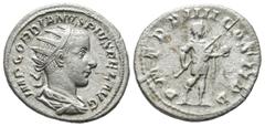 Roman Imperial Coins Gordian III, AD 238-244. AR Denarius (22mm, 3.93g). Rome. IMP GORDIANVS PIVS FEL AVG, laureate, draped and cuirassed bust right / P M TR P IIII COS II P P, Gordian standing right,