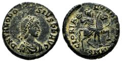 Roman Imperial Coins Theodosius I. AD 379-395. AE Nummus (16mm, 2.60g). Cyzicus. D N THEODOSIVS P F AVG, pearl diademed, draped and cuirassed bust right / GLORIA ROMANORVM, emperor on horseback right,
