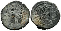 Byzantine Coins Heraclius, with Heraclius Constantine, AD.610-641. AE Follis-40 Nummia (30mm, 12.90g). Dated RY 5 (614/15). Constantinople mint, 1st officina. Heraclius and Heraclius Constantine stand