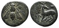 Greek Coins Ionia, Ephesos. Circa 390-320/00 BC. AE (13mm, 1.98g). Ε-Φ Bee. / Stag kneeling left, head right; astragalos above. SNG Copenhagen 245-53.