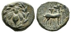 Greek Coins Ionia, Ephesos. Circa 50-27 BC. AE (12mm, 2.28g). Python, magistrate. Bee with straight wings within wreath / Stag standing right, head left, before long torch; ΠYΘΩN below. SNG Copenhagen