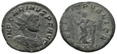 Roman Imperial Coins Carinus. AD 283-285. AE Antoninianus (20mm, 3.92g). Ticinum. IMP CARINVS P F AVG, radiate, draped, and cuirassed bust right / FELICIT PVBLICA, Felicitas standing left, leaning on 