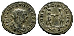 Roman Imperial Coins Tacitus. AD 275-276. AE Antoninianus (20mm, 3.57g). Siscia. IMP C M CL TACITVS P AVG, radiate, draped, and cuirassed bust right / CONCORD MILIT, Tacitus standing right, clasping h