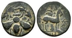 Greek Coins Ionia, Ephesos, Circa 202-133 BC. Apollonios, magistrate. AE (16mm, 3.59g). Ε - Φ. Bee within wreath / ΑΠΟΛΛΩΝΙΟΣ. Stag standing right; in background, palm tree; in right field, monogram. 
