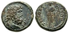 Roman Provincial Coins Lydia, Tripolis. Circa 3rd century AD. AE (18mm, 4.20g). Draped bust of Asklepios right, serpent-entwined staff in front / Winged Nemesis standing left, pulling at chiton at nec