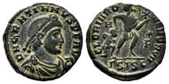 Roman Imperial Coins Gratian, AD 367-383. AE (17mm, 2.17g). Siscia mint, 3rd officina. Struck AD 367-375. Pearl-diademed, draped, and cuirassed bust right / Emperor advancing right, head left, draggin