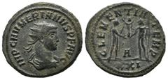 Roman Imperial Coins Numerian (283-284). AE Antoninianus (21mm, 4.09g). Cyzicus. Radiate, draped and cuirassed bust right / CLEMENTIA • TEMP / A / XXI. Numerian standing right, receiving Victory on gl
