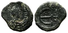 Byzantine Coins Justinian I. 527-565 AD. AE Pentanummium (15mm, 2.40g). Constantinople mint, 5th. officina. D N IVSTINIANVS P P AVG, diademed, draped, cuirassed bust right. / Large Є, cross to right. 