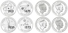 Denmark Temamønter Danish scientists, 500 kr and 20 kr 2013, Tycho Brahe, Ole Rømer, H.C. Ørsted and Niels Bohr, Sieg, 1–8, in capsules with certificates. (4) Proof