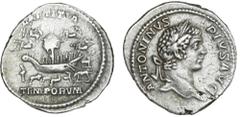 Ancient coins Roman Empire Roman Empire, Caracalla, 198-217, Denarius, Rome, LAETITIA TEMPORVM, Galley under sail in the Circus Maximus, surrounded by wild animals and four quadrigas, 3,03 g, RIC 157,