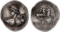 Ancient coins - Greece Greco-Baktrian Kingdom, Eukratides I Megas, c. 170 - 145 BC, Tetradrachm, SNG ANS 485, Bopearachchi 8 B, 16.53 g, horn silver - scarce VF / 670 EUR