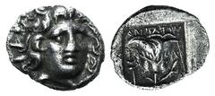 Greek Islands of Caria, Rhodos. Rhodes, c. 170-150 BC. AR Hemidrachm (11mm, 1.20g, 12h). ‘Plinthophoric’ coinage. Antaios, magistrate. Radiate head of Helios facing slightly r. R/ Rose with bud to l.;