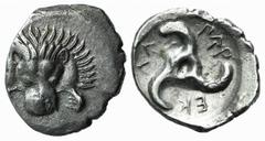 Greek Dynasts of Lycia, Perikles (c. 380-360 BC). AR Tetrobol (17mm, 2.70g). Facing lion’s scalp. R/ Triskeles within shallow incuse. SNG von Aulock 4254. VF