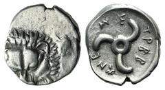 Greek Dynasts of Lycia, Trbbenimi (c. 380-370 BC). AR Tetrobol (14.5mm, 2.62g). Facing lion's scalp. R/ Triskeles. Cf. SNG von Aulock 4215. Obv. off-centre, otherwise Good VF