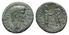 Roman Provincial Augustus (27 BC-AD 14). Lydia, Sardis. Æ (18mm, 4.95g, 12h). Homonoia with Pergamum. Mousaios, magistrate. Bare head r. R/ Tyche of Sardis and Demos of Pergamum, each holding sceptre,