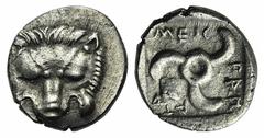 Greek Dynasts of Lycia, Mithrapata (c. 390-370 BC). AR Diobol (12mm, 1.32g, 6h). Uncertain mint. Lion scalp facing. R/ Triskeles; astragalos to lower l.; all within incuse square. Müseler VII, 83; SNG